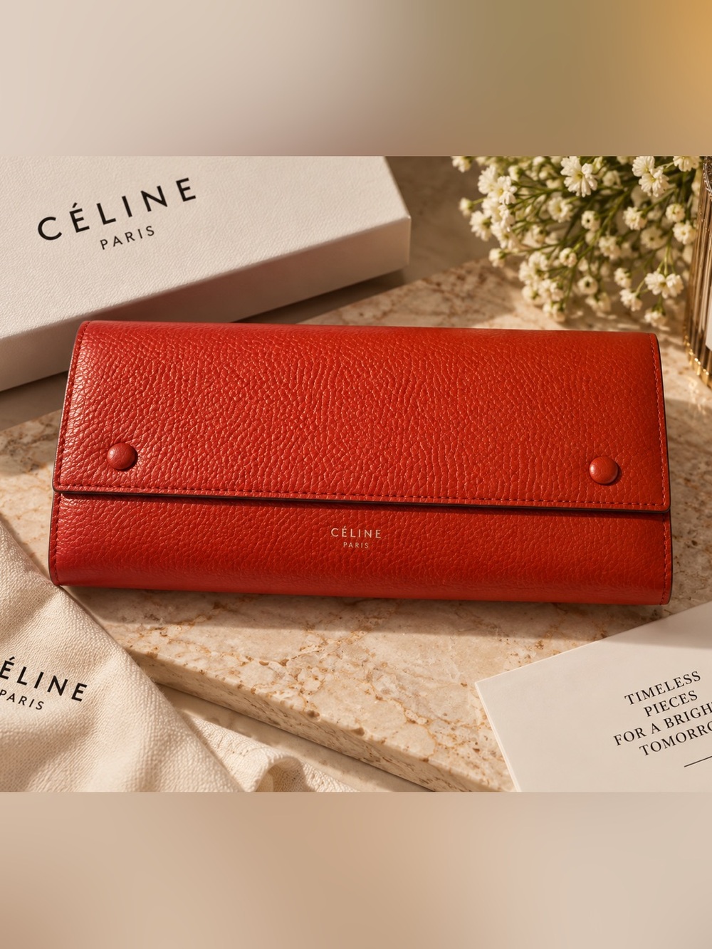 Céline Orange Pebbled Leather Long Flap Wallet w/ COA